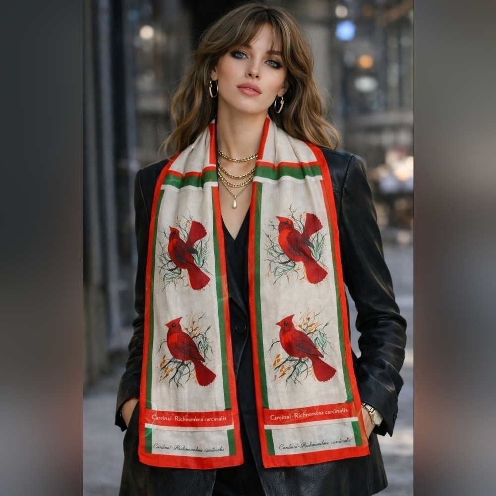 Vintage 1975 Cardinal Scarf Richmondena Cardinalis Wildlife Print Oblong Red Whi
